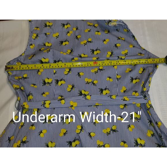 Chloe & Rene Blue Pinstripe Sleeveless Shirt Dress XL Lemon Print Cotton Belted - Picture 13 of 16